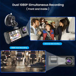 Dual 1080P dash cam with simultaneous front and interior recording, featuring night vision and HD in-car video for security and surveillance.