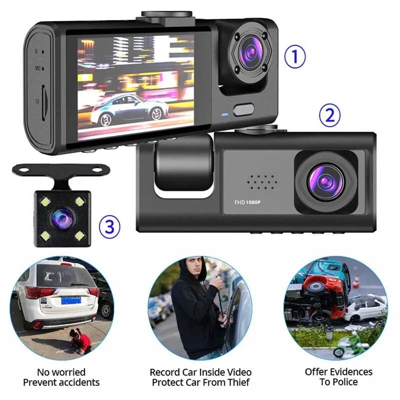 Dash cam showcasing front, rear, and interior camera views with 1080P HD resolution and night vision for car security and accident evidence.