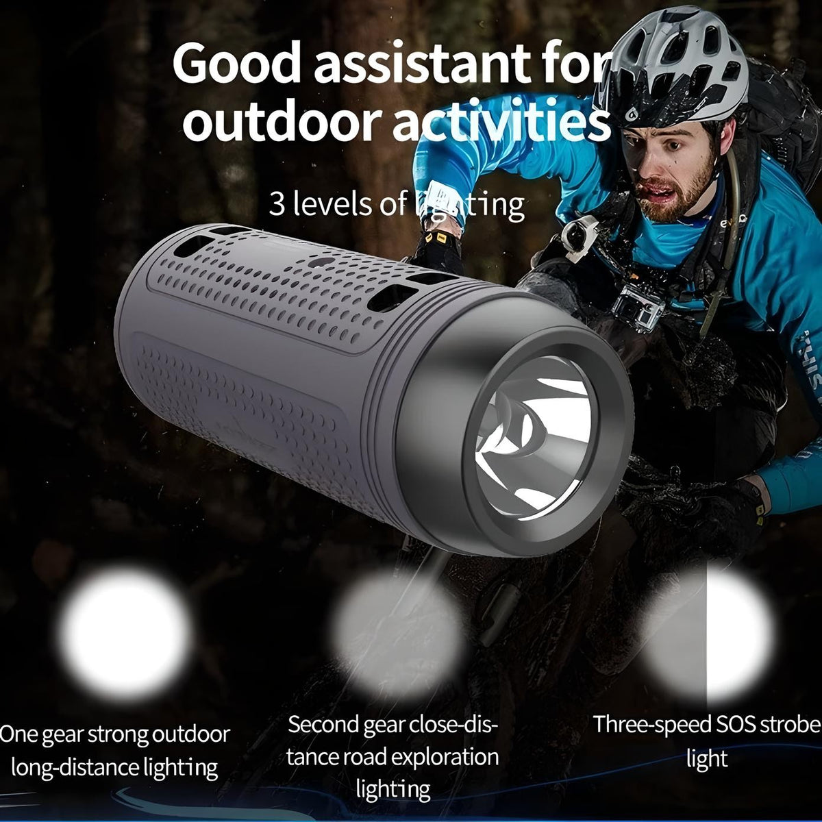 Zealot S1 Bluetooth speaker with LED flashlight, showcasing three lighting modes for outdoor activities and cycling.