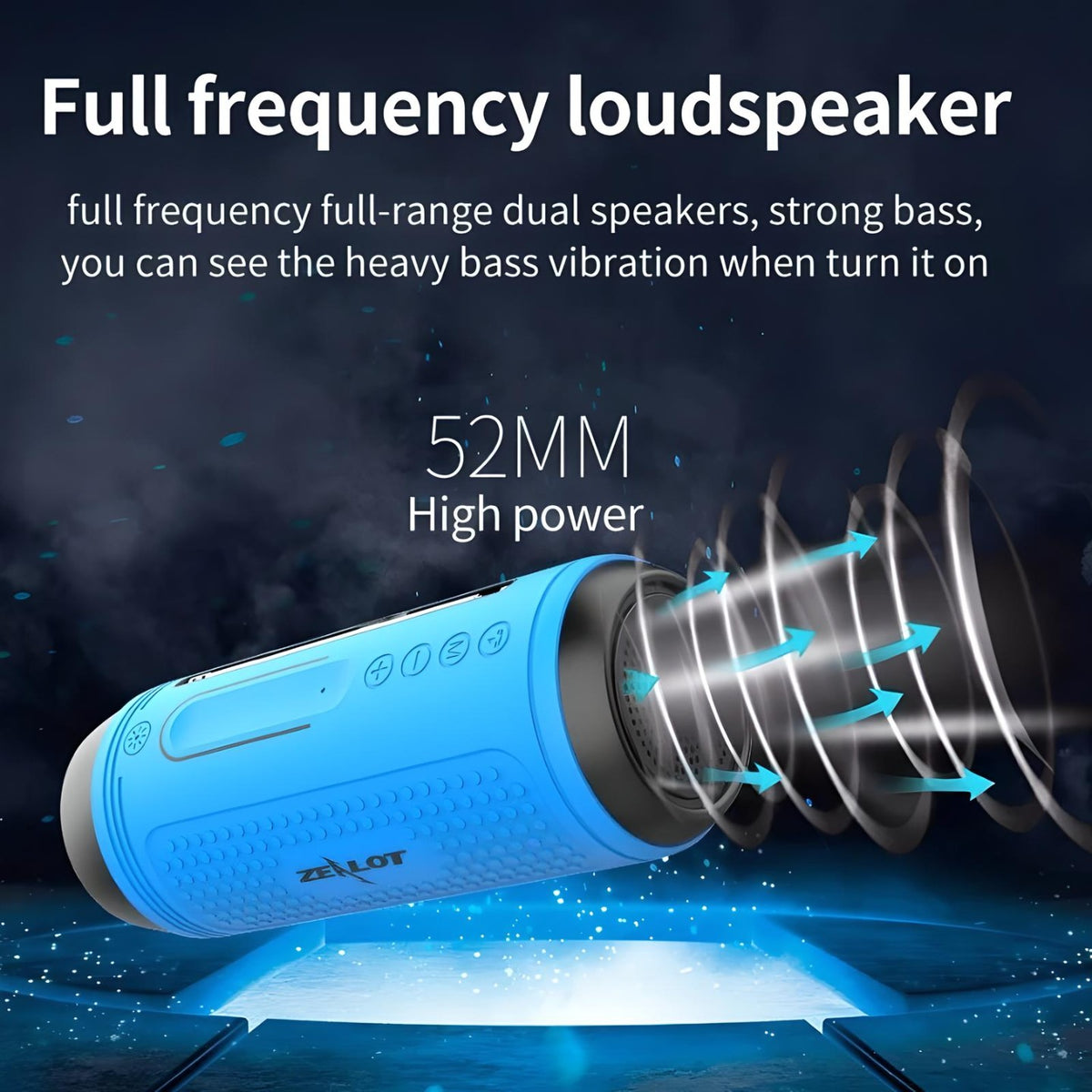 Zealot S1 Bluetooth speaker with 52mm high-power full-frequency loudspeaker, delivering strong bass and dynamic sound.