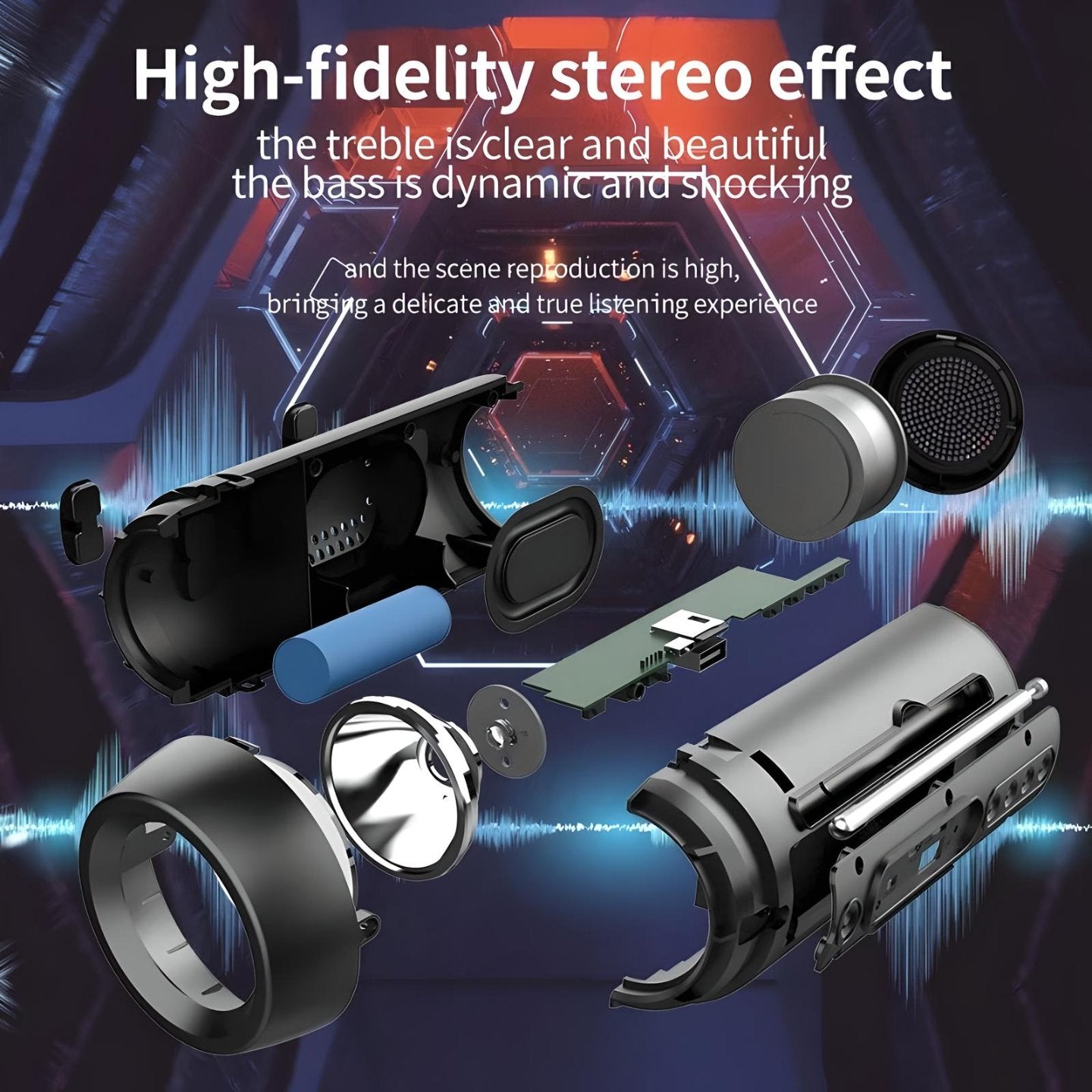 Exploded view of the Zealot S1 Bluetooth speaker, illustrating its high-fidelity stereo components and dynamic sound quality.