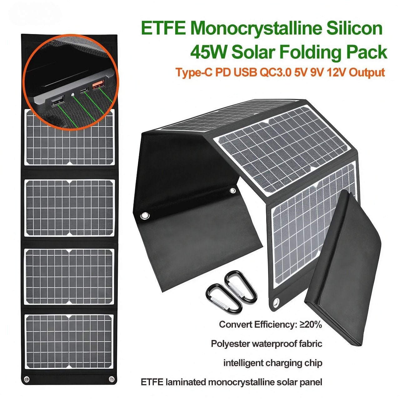 ETFE monocrystalline 45W solar folding pack with USB and Type-C outputs, waterproof fabric, and intelligent charging chip.