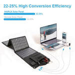 High conversion efficiency of 22-25% for EcoLite Charge solar panels, compatible with laptops, phones, and other devices.