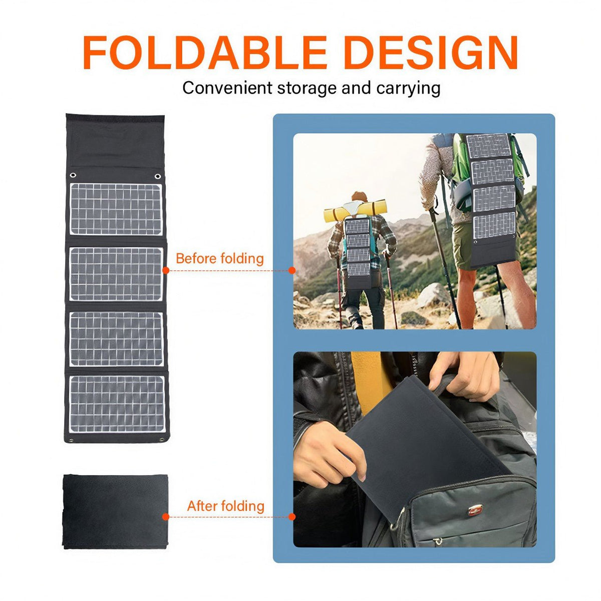 Foldable design of the EcoLite Charge solar panels for convenient storage and portability, ideal for outdoor activities.