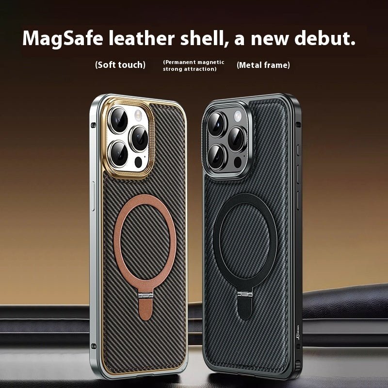 Two MagSafe iPhone cases in black and brown with carbon texture, premium leather, and aluminum frames, emphasizing soft touch and durability.