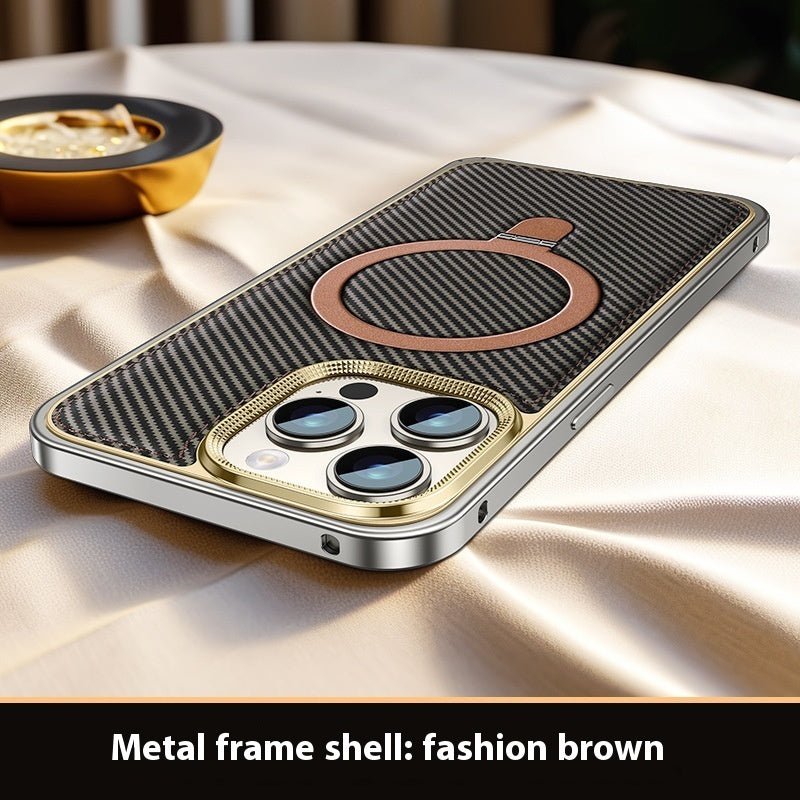 Fashion brown MagSafe iPhone case with carbon texture, premium leather, and aluminum frame, featuring a brown magnetic ring stand.