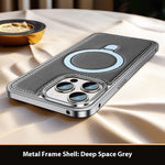 Deep space grey MagSafe iPhone case with carbon texture, premium leather, and aluminum frame, featuring a blue magnetic ring stand.