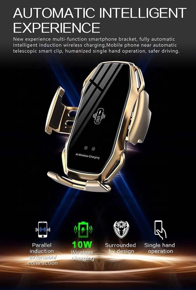 Gold wireless fast charge car phone holder with automatic intelligent induction and 10W wireless charging capability.