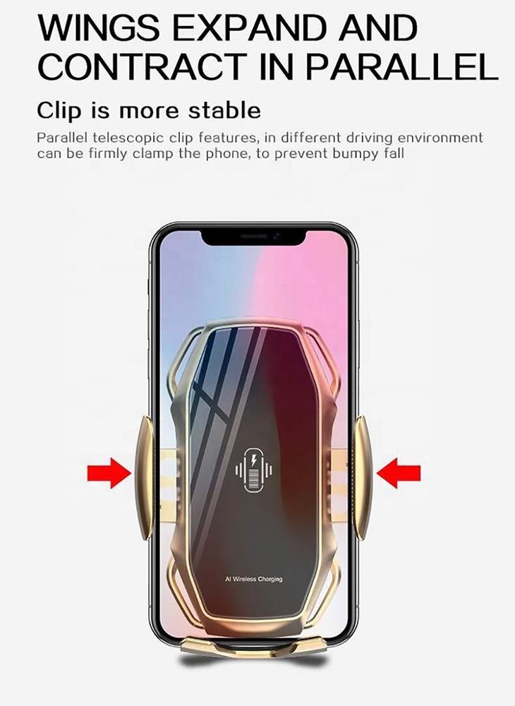 Gold wireless fast charge car phone holder with parallel telescopic clip for stable and secure phone mounting.