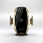 Elegant wireless fast charge car phone holder in gold with AI wireless charging and sleek design for universal fit.