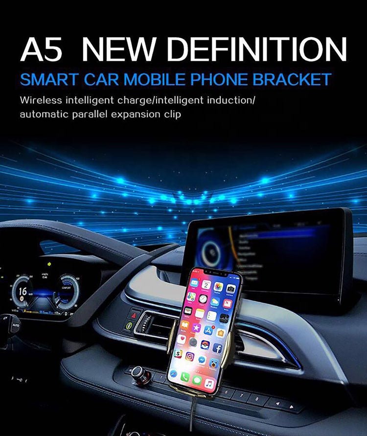 Wireless fast charge car phone holder mounted in a car, showcasing smart features like automatic expansion and secure grip.