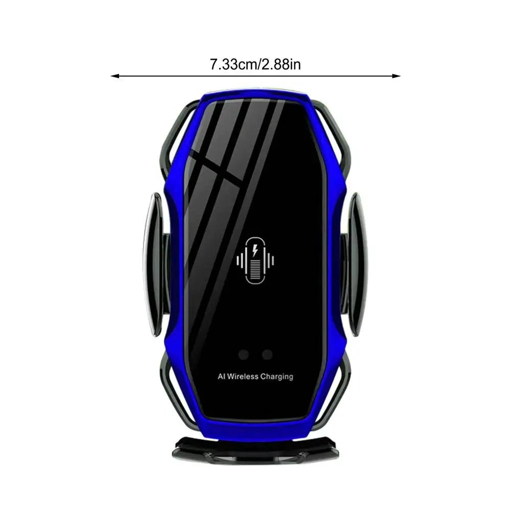 Blue wireless fast charge car phone holder with dimensions of 7.33cm width and AI wireless charging feature.