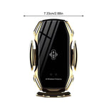 Gold wireless fast charge car phone holder with dimensions of 7.33cm width and AI wireless charging feature.