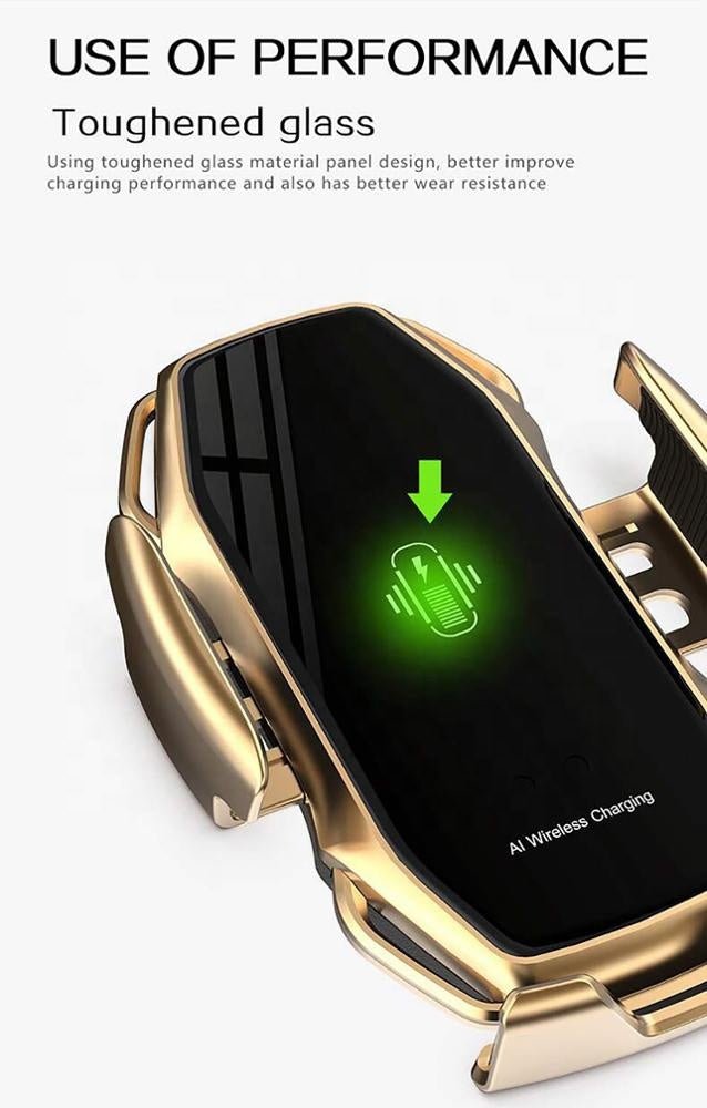 Gold wireless car phone holder with green charging indicator and toughened glass panel for enhanced performance.