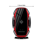 Red wireless fast charge car phone holder with dimensions of 7.33cm width and AI wireless charging feature.