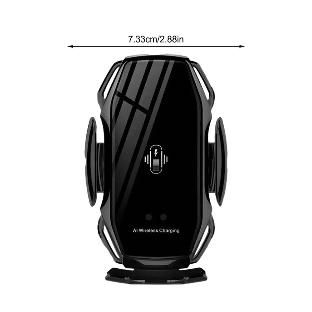 Black wireless fast charge car phone holder with dimensions of 7.33cm width and AI wireless charging feature.