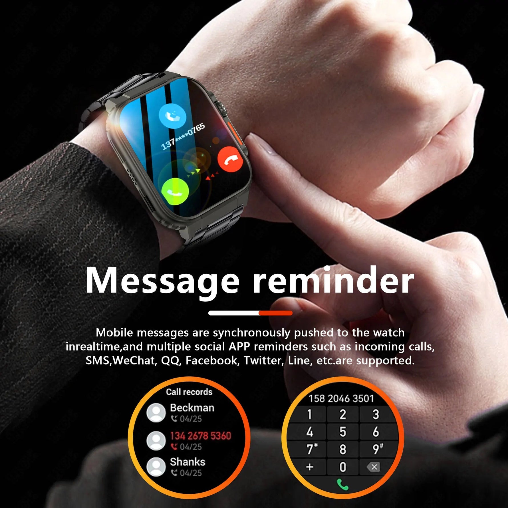 EverLast Ultra Watch displaying message reminders for calls, SMS, and social apps on its 1.96-inch screen.