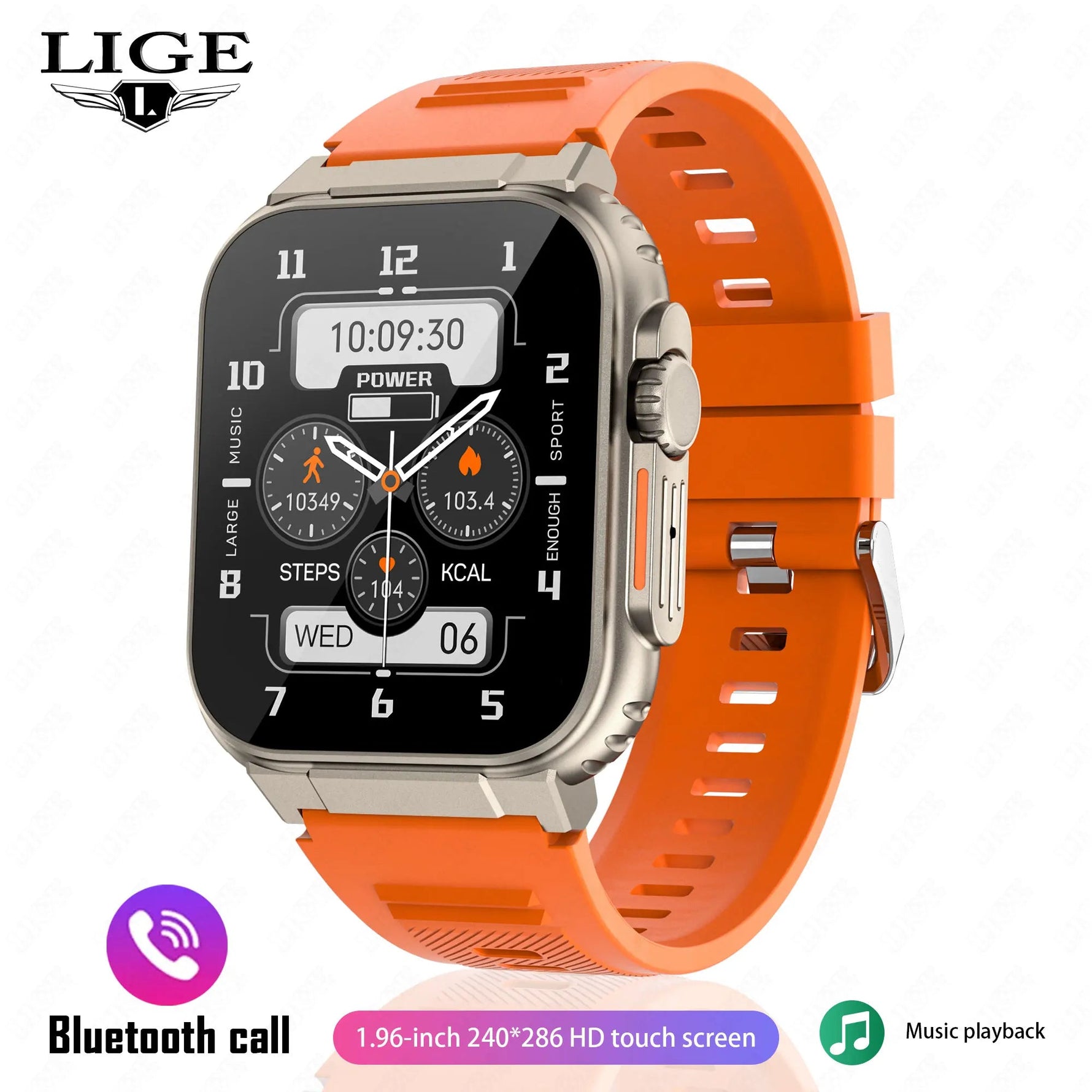 EverLast Ultra Watch with orange silicone strap, 1.96-inch HD display, Bluetooth call, and music playback features.