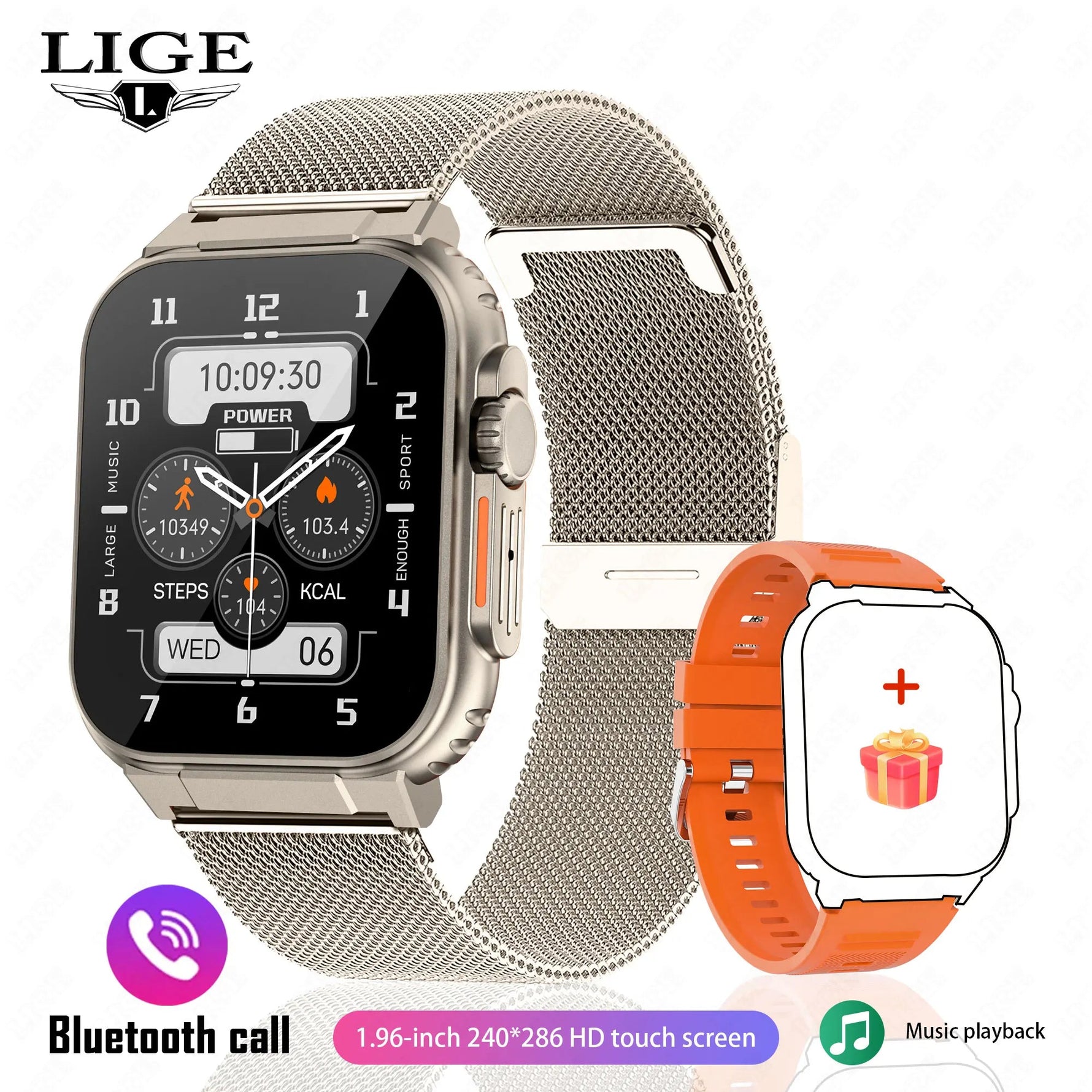 EverLast Ultra Watch with silver mesh band, 1.96-inch HD display, and orange strap for sporty and elegant looks.