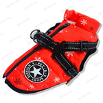 Red snowflake-patterned FurryFashion Sports Jacket Harness with fleece insulation and reflective harness, perfect for festive outings.