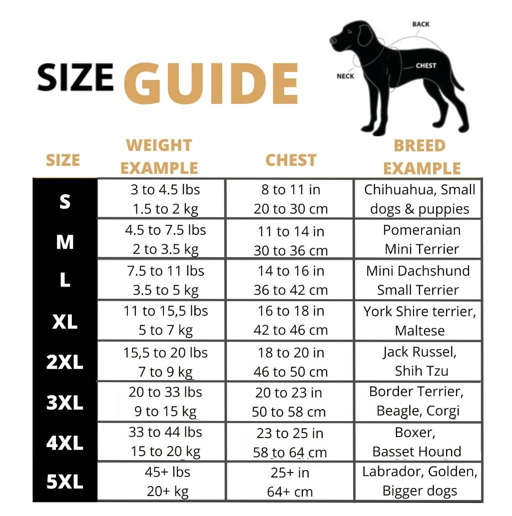 Size guide for FurryFashion Sports Jacket Harness, detailing weight, chest measurements, and breed examples for each size.