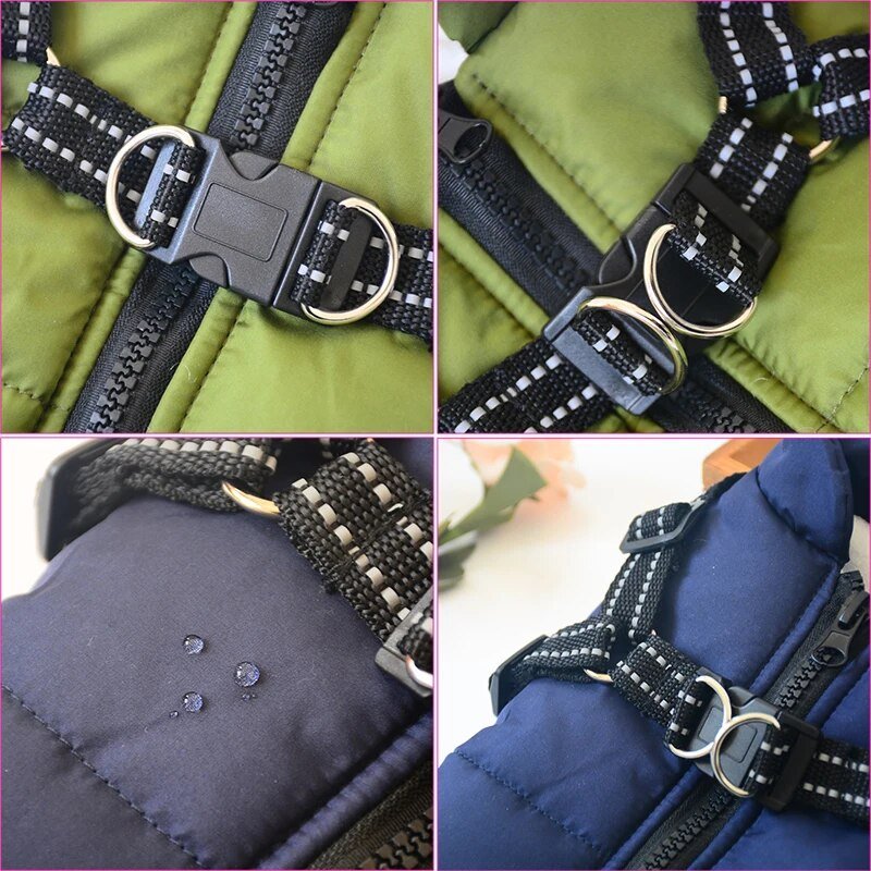 Close-up of harness buckles and water-resistant fabric on green and navy FurryFashion Sports Jacket Harnesses.