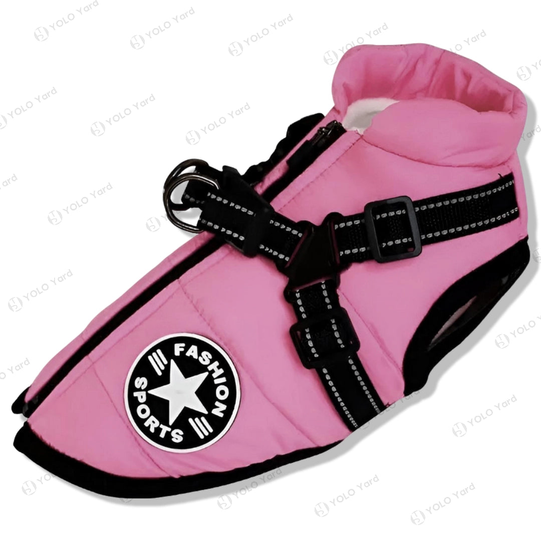 Pink FurryFashion Sports Jacket Harness with fleece lining and reflective harness, offering a stylish and functional winter coat.