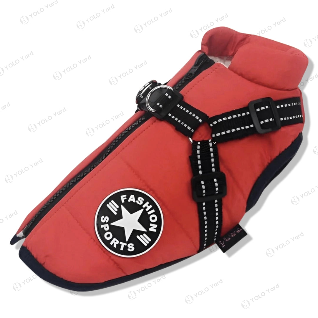 Red FurryFashion Sports Jacket Harness with fleece insulation, reflective harness, and easy back zipper for dogs.