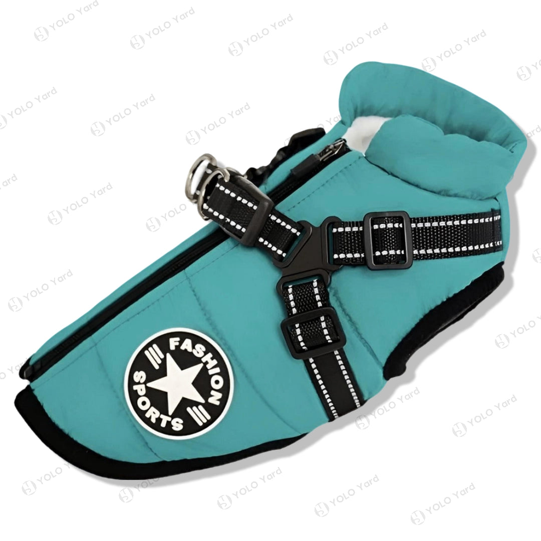 Teal FurryFashion Sports Jacket Harness with fleece lining, reflective harness, and waterproof fabric for winter dog fashion.