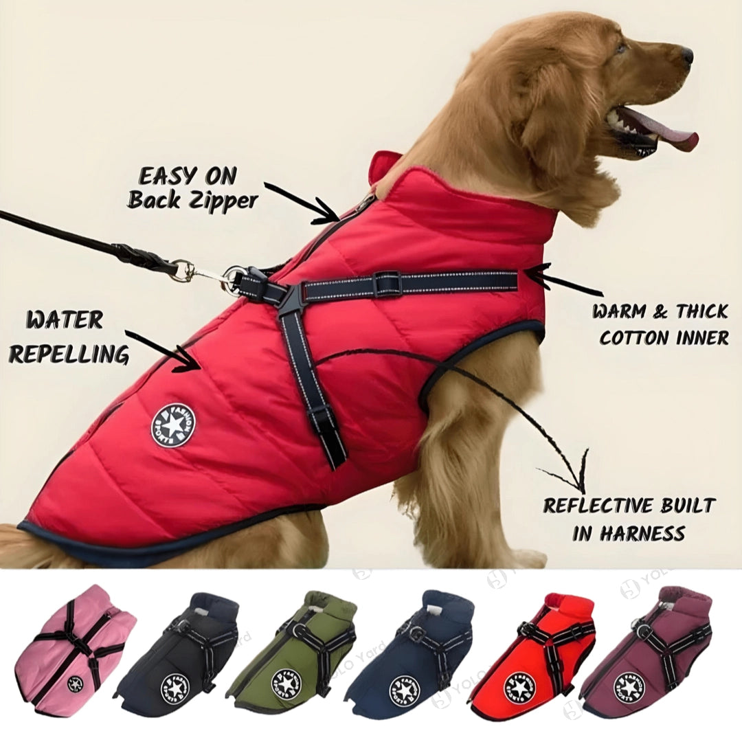 Red FurryFashion Sports Jacket Harness with labeled features including water-repelling fabric, warm cotton inner, and reflective harness.