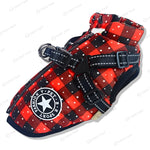 Red plaid FurryFashion Sports Jacket Harness with fleece insulation and reflective harness, ideal for stylish winter outings.