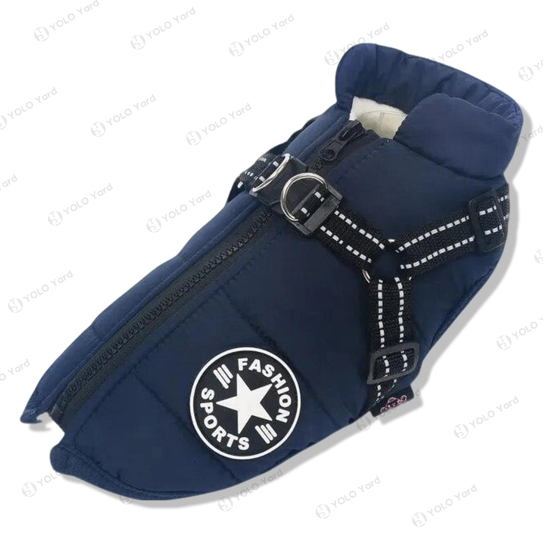 Navy FurryFashion Sports Jacket Harness with fleece lining and reflective harness, designed for cold and wet weather.