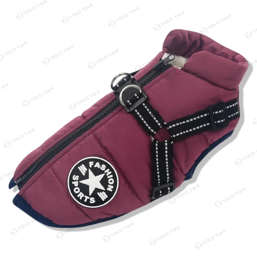 Purple FurryFashion Sports Jacket Harness with fleece insulation and reflective harness, combining style and winter protection.