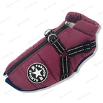 Purple FurryFashion Sports Jacket Harness with fleece insulation and reflective harness, combining style and winter protection.