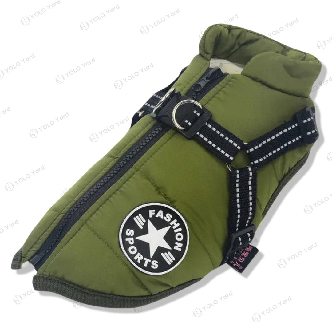 Green FurryFashion Sports Jacket Harness with fleece lining and reflective harness, ideal for outdoor winter activities.