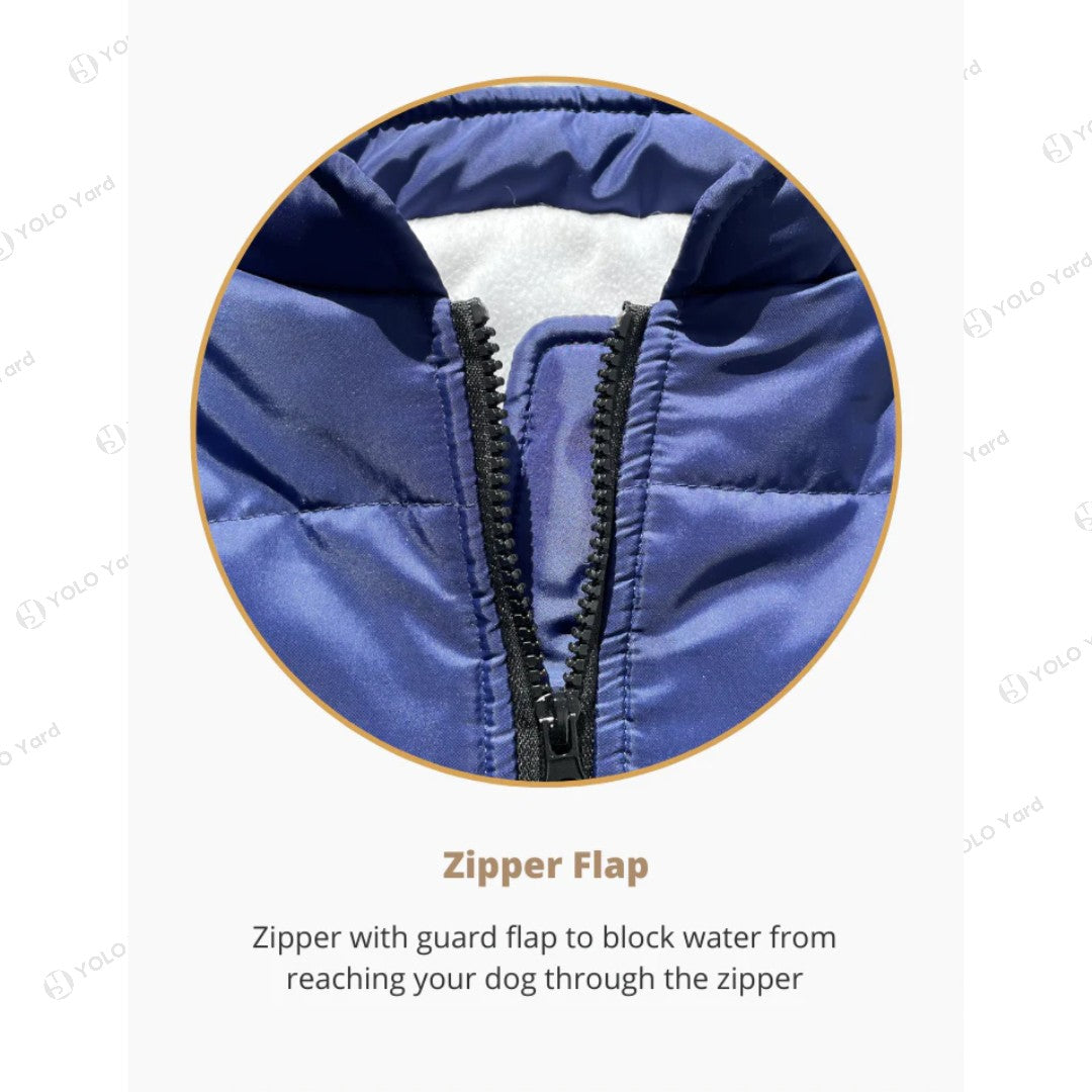 Zipper flap detail of the FurryFashion Sports Jacket Harness, designed to block water and prevent dog access to the zipper.