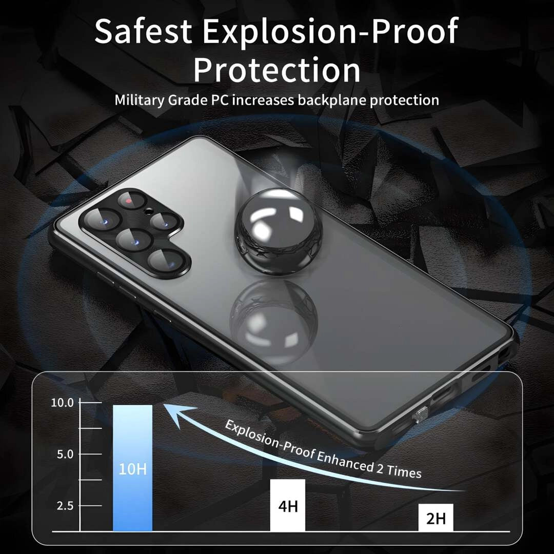 Explosion-proof protection feature of Galaxy Guard phone case with military-grade PC backplane for Samsung Galaxy S24 Ultra.