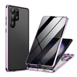 Purple Galaxy Guard phone case with aluminum frame and tempered glass privacy screen for Samsung Galaxy S24 Ultra.