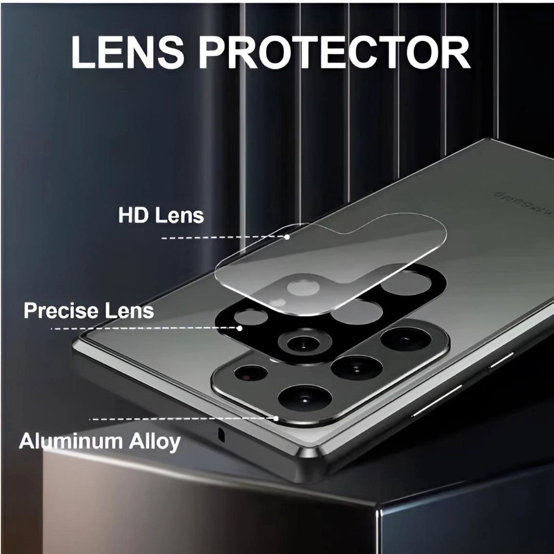 Lens protector feature of Galaxy Guard phone case with HD lens, precise fit, and aluminum alloy frame for Samsung Galaxy S24 Ultra.