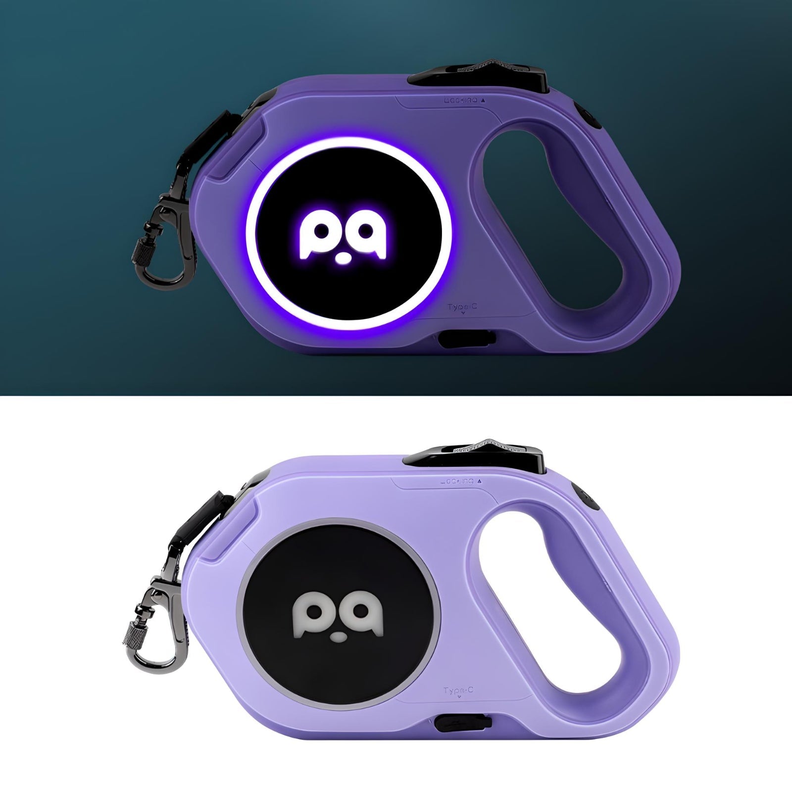 Purple GlowWalk retractable dog leash with LED ambient lighting, ergonomic handle, and 5M length for pet walking.