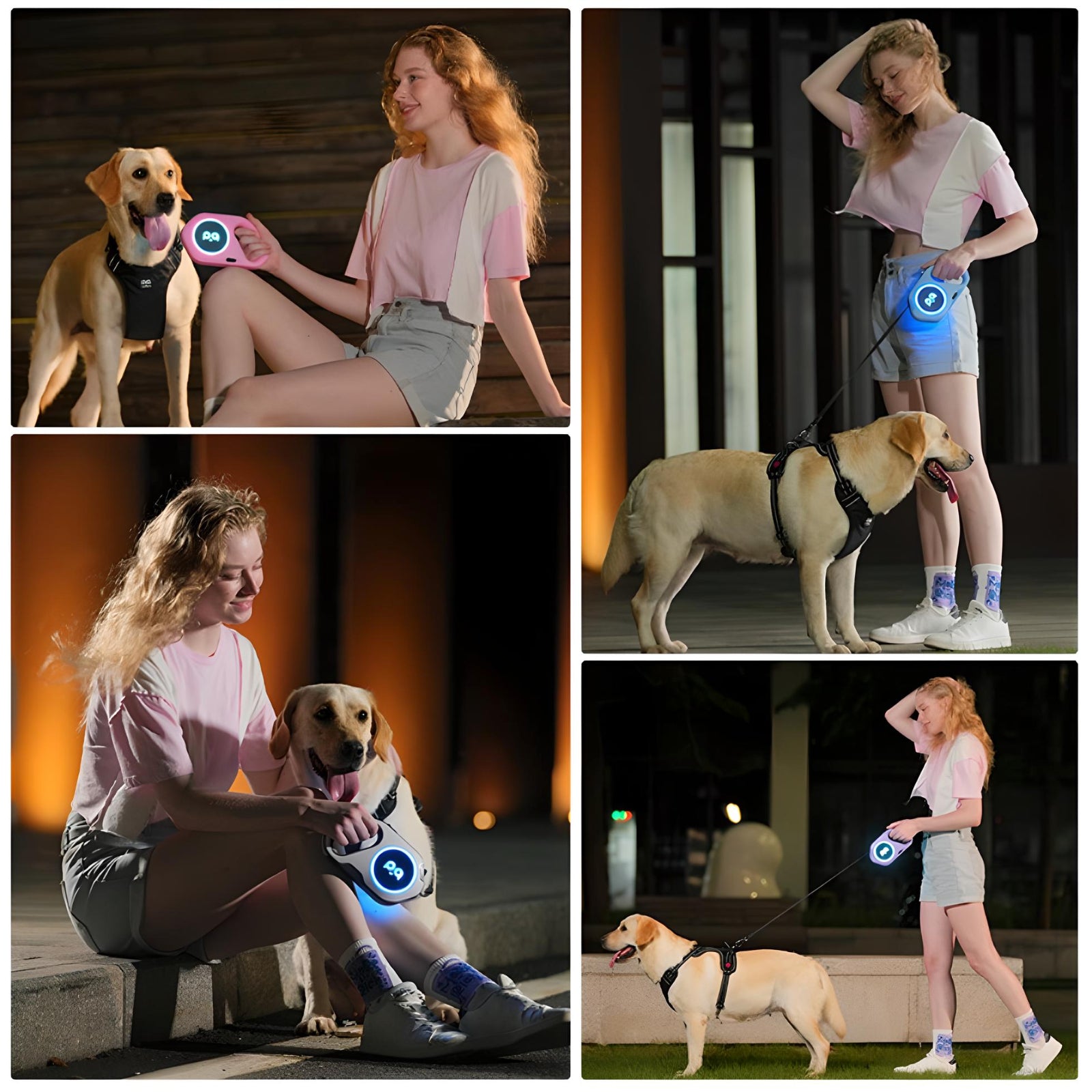 Person walking a dog at night using the GlowWalk retractable leash with LED lighting for visibility and safety.