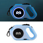 Blue GlowWalk retractable dog leash with LED ambient lighting, ergonomic handle, and 5M length for pet walking.