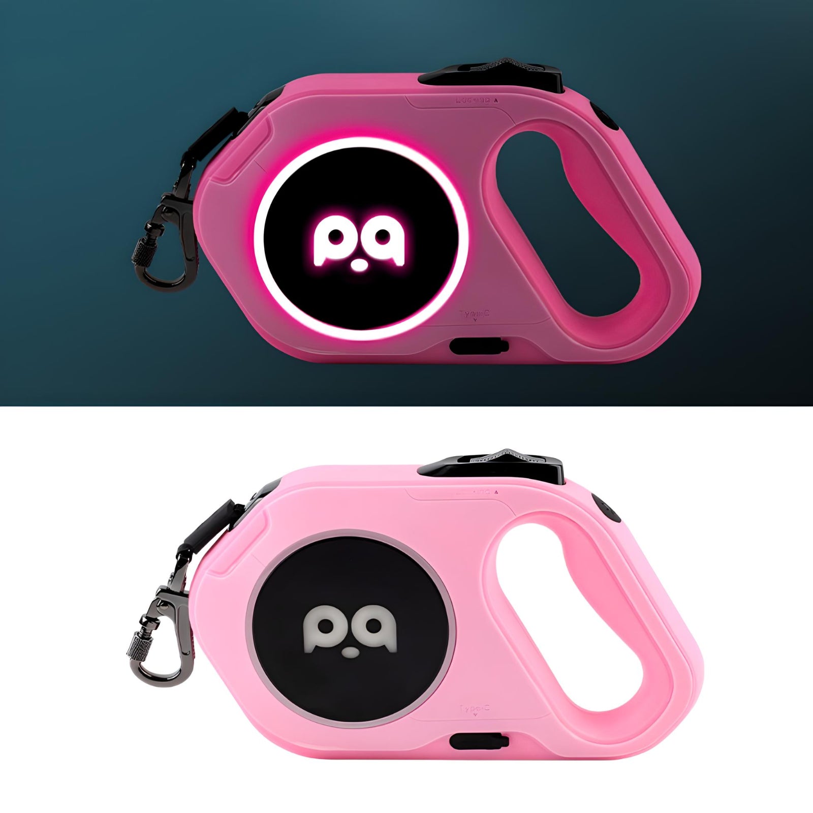 Pink GlowWalk retractable dog leash with LED ambient lighting, ergonomic handle, and 5M length for pet walking.