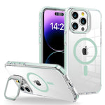 Mint green GripClear Elite MagSafe iPhone 16 case with shockproof corner airbags and lens stand for added protection.