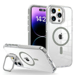 Gray GripClear Elite MagSafe iPhone 16 case with shockproof corner airbags and a lens stand for enhanced usability.