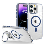 Blue GripClear Elite MagSafe iPhone 16 case featuring shockproof corner airbags and a lens stand for convenience.