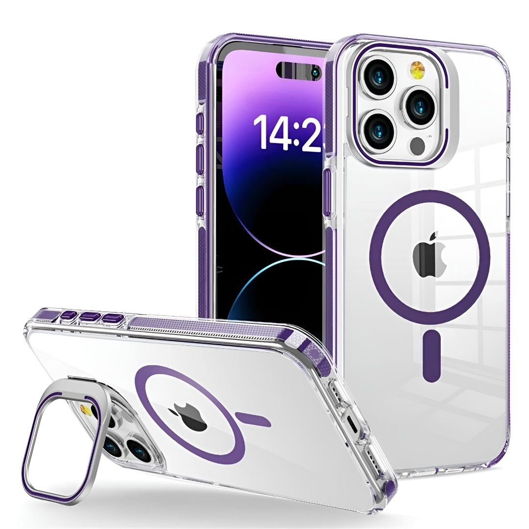 Purple GripClear Elite MagSafe iPhone 16 case with shockproof corner airbags and lens stand for added functionality.