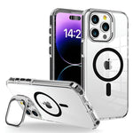 Transparent GripClear Elite MagSafe iPhone 16 case with black magnetic ring, shockproof corner airbags, and lens stand.