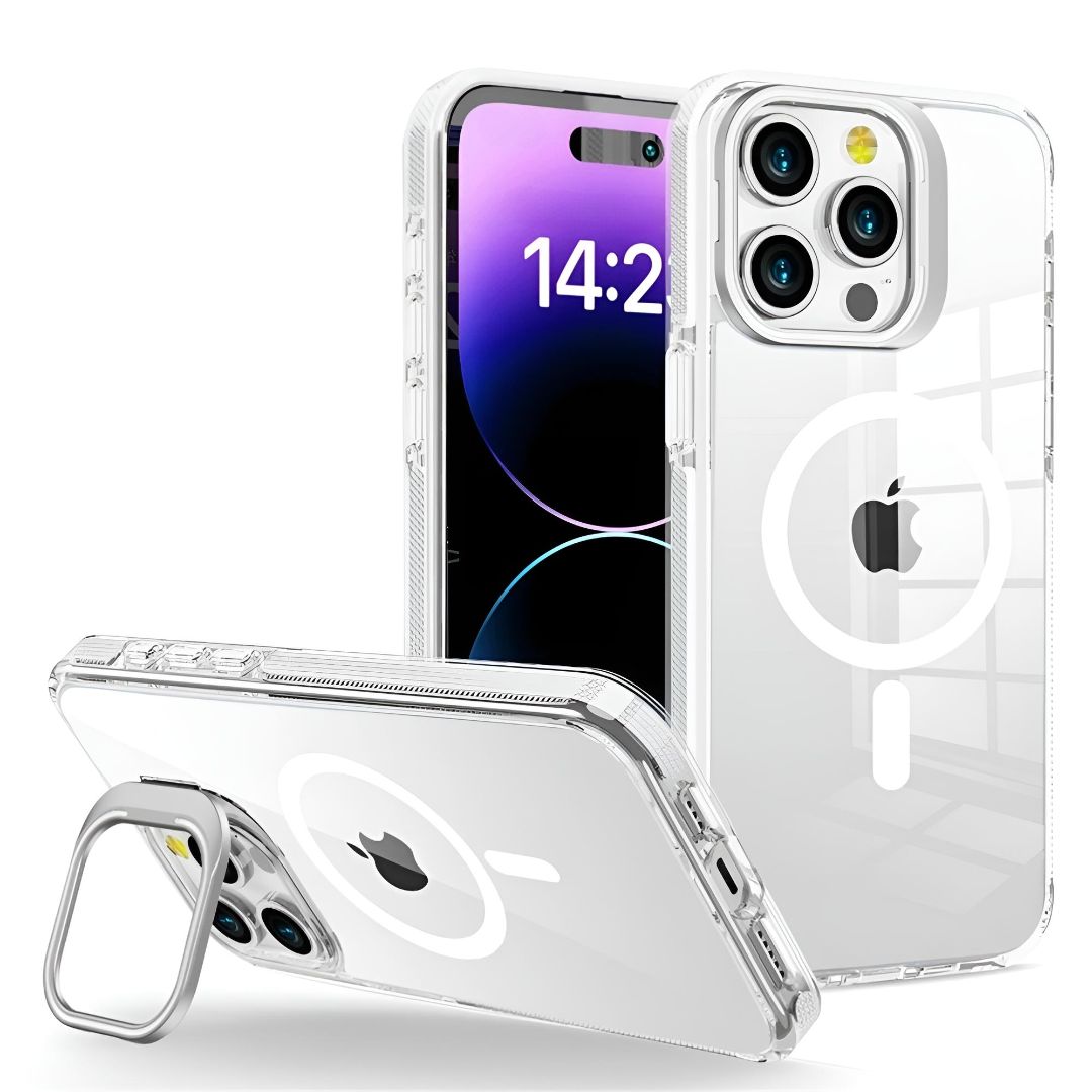 Clear GripClear Elite MagSafe iPhone 16 case with white magnetic ring, shockproof corner airbags, and lens stand.