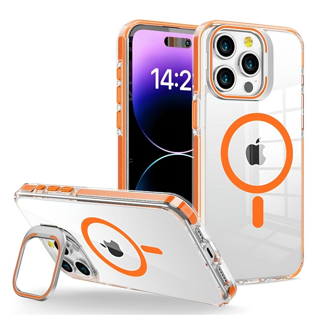 Orange GripClear Elite MagSafe iPhone 16 case with shockproof corner airbags and lens stand for secure handling.